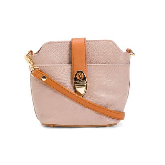 VALENTINA Dark Brown Made In Italy Leather Satchel With Contrast Trim